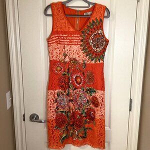 G L Women's Crochet Sleeveless Dress Orange Floral Fully Lined Colorful Tropical